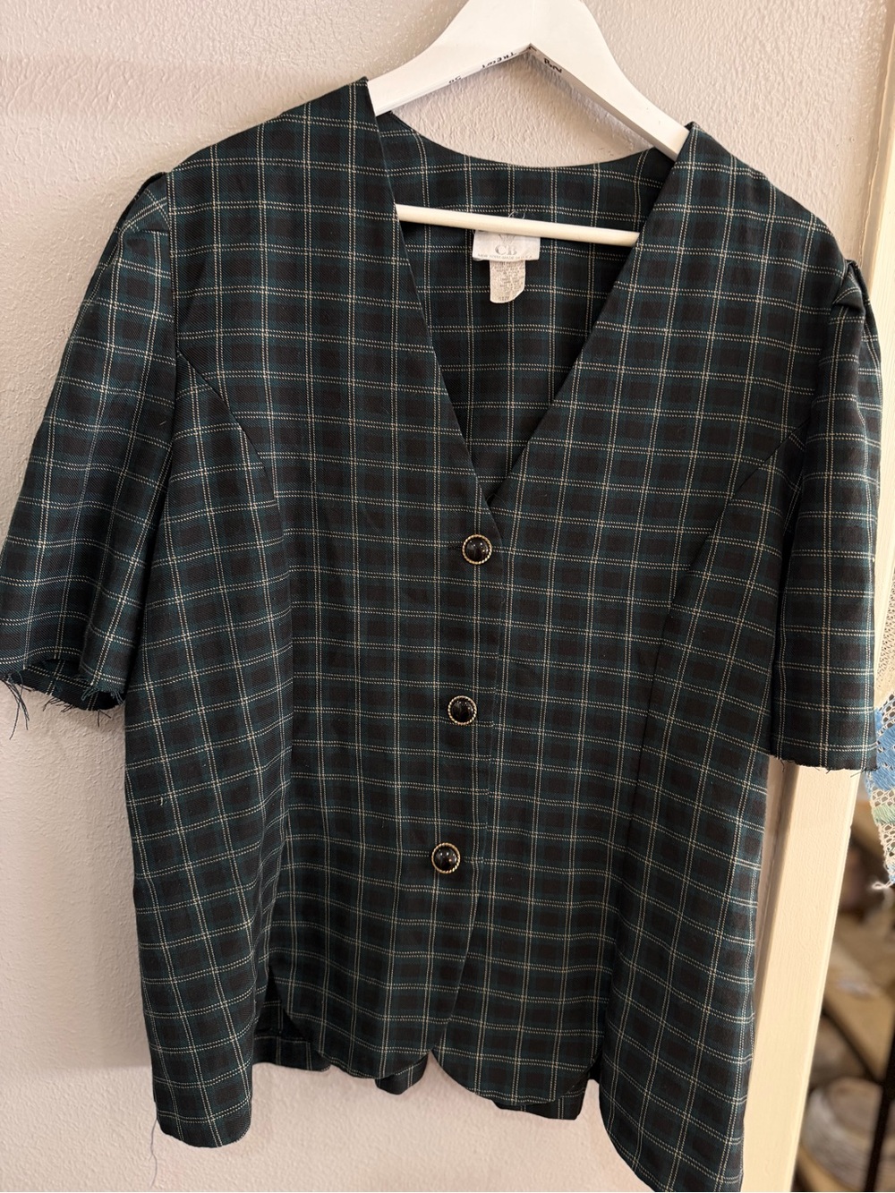 Classic Green Plaid Shirt - V-Neck Button Front